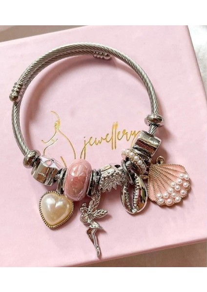 Gümüş Renk Pembe Deniz Kabuğu Charmlı Pandora Çelik Bileklik - Temalı Charm'lı Hazır Set Bileklik -Deniz ve Peri Temalı Gümüş Rengi Charm Bileklik