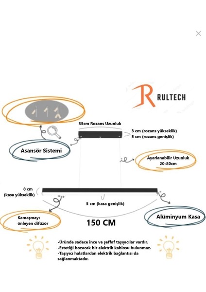 Magro 6500K Beyaz Işık , Beyaz Kasa, 150CM Ledli Sarkıt Modern LED Avize, Salon, Mutfak, Masa modelleri