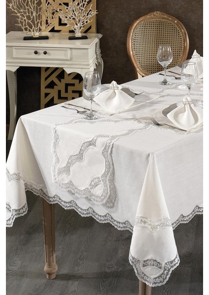 Rua Fransız Dantelli Keten Yemek Takımı - 26 Parça Krem