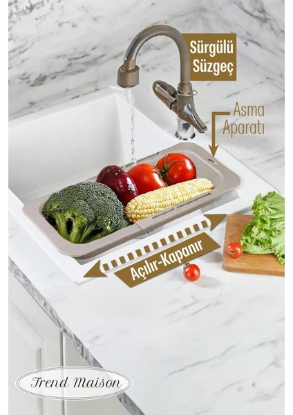 Sürgülü Ayarlanabilir Pratik Lavabo Süzgeci, Uzun Kısa Ayarlı Evye, Meyve Sebze Salata Yıkama Krem