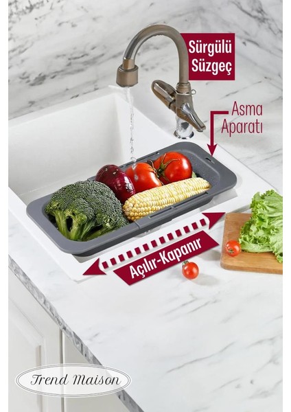 Sürgülü Ayarlanabilir Pratik Lavabo Süzgeci, Uzun Kısa Ayarlı Evye, Meyve Sebze Salata Yıkama Gri