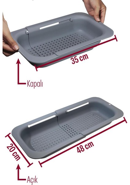 Sürgülü Ayarlanabilir Pratik Lavabo Süzgeci, Uzun Kısa Ayarlı Evye, Meyve Sebze Salata Yıkama Gri fiyatları