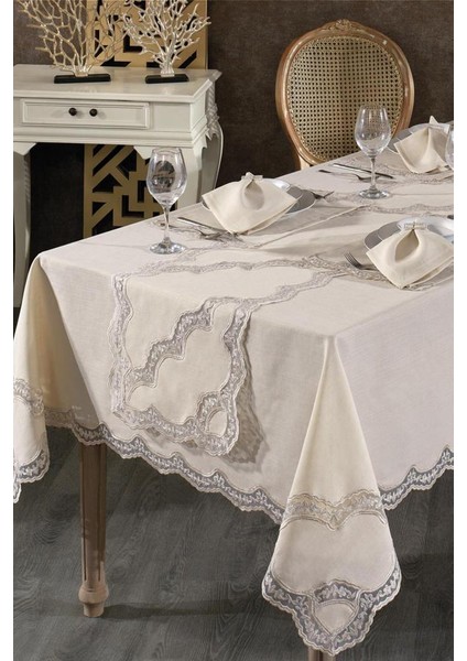 Rua Fransız Dantelli Keten Yemek Takımı - 26 Parça Cappucino