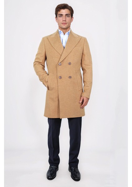 Kruvaze Sivri Yaka Yün ve Kaşmir Karışımlı Camel Kaban