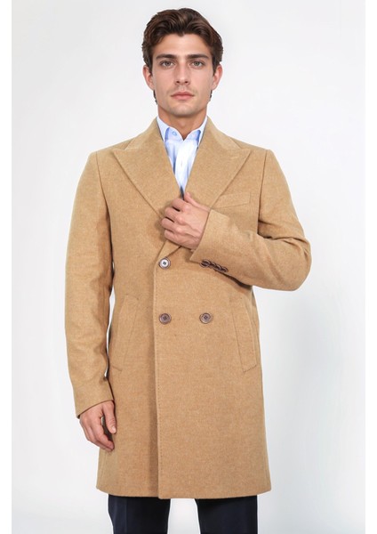 Kruvaze Sivri Yaka Yün ve Kaşmir Karışımlı Camel Kaban fırsatları