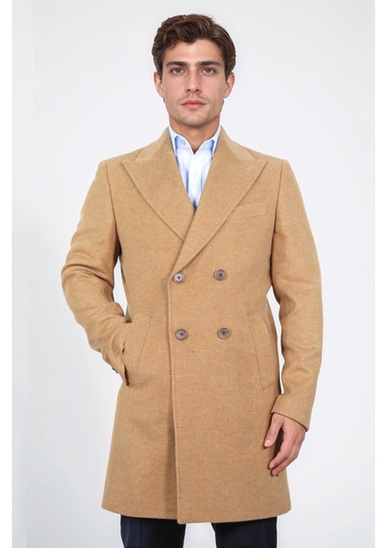 Kruvaze Sivri Yaka Yün ve Kaşmir Karışımlı Camel Kaban indirimleri