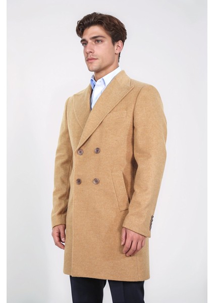 Kruvaze Sivri Yaka Yün ve Kaşmir Karışımlı Camel Kaban