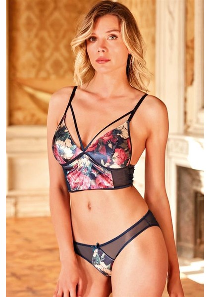 Arias Closet Kadife Balensiz Desteksiz Dolgusuz Yaka Detaylı Çiçek Baskılı Bralet Sütyen ve Slip Takım