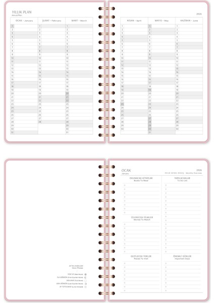 2026 Spiralli A5 Haftalık Ajanda – Kir ve Suya Dayanıklı Sert Kapak - Pembe