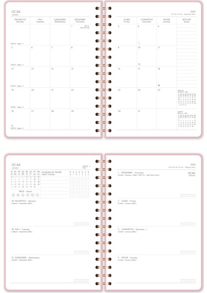 2026 Spiralli A5 Haftalık Ajanda – Kir ve Suya Dayanıklı Sert Kapak - Pembe