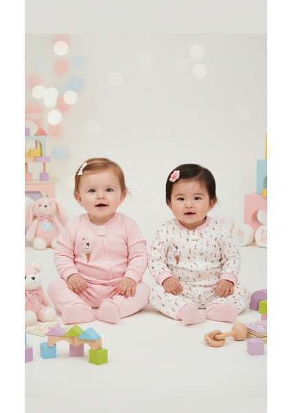 Baskılı 2\'li Kız Bebek Tulum Seti 3-24 Ay KD53128