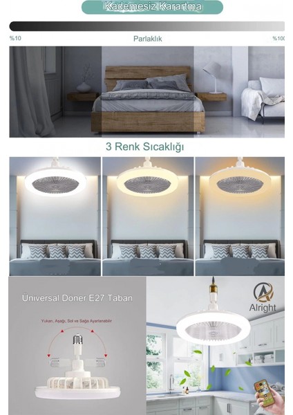 Yeni Nesil E27 Duylu Kumandalı Tavan Vantilatörlü LED Lamba 3 Hız Ayarı ve 3 Renk Ayarı modelleri