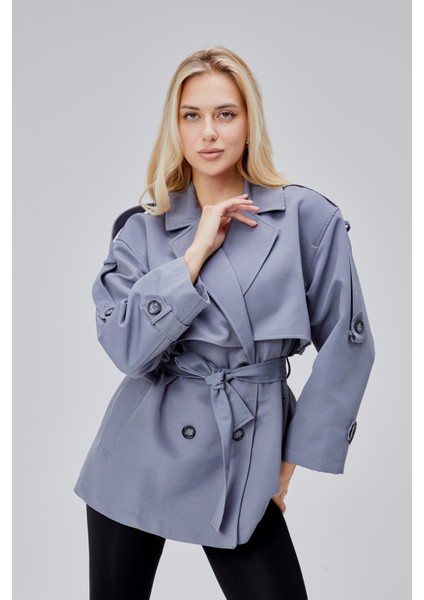 Oversize Gri Rüzgarlık Detaylı Beli Kuşaklı Trençkot