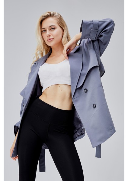 Oversize Gri Rüzgarlık Detaylı Beli Kuşaklı Trençkot fiyatları