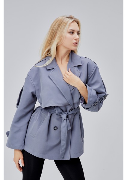 Oversize Gri Rüzgarlık Detaylı Beli Kuşaklı Trençkot modelleri