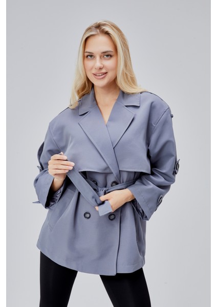 Oversize Gri Rüzgarlık Detaylı Beli Kuşaklı Trençkot fırsatları