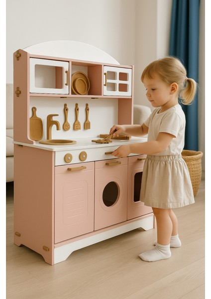 Ahşap Çocuk Mutfak Seti - 12 Parça Servis Hediyeli - LED Işıklı - Eğitici Oyuncak