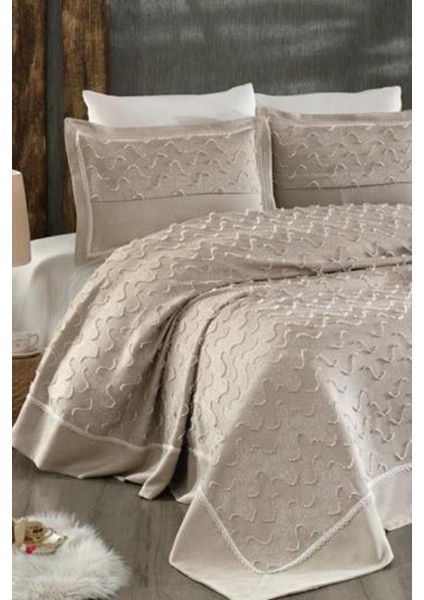 Talya Jakarlı Çift Kişilik Yatak Örtüsü Bej