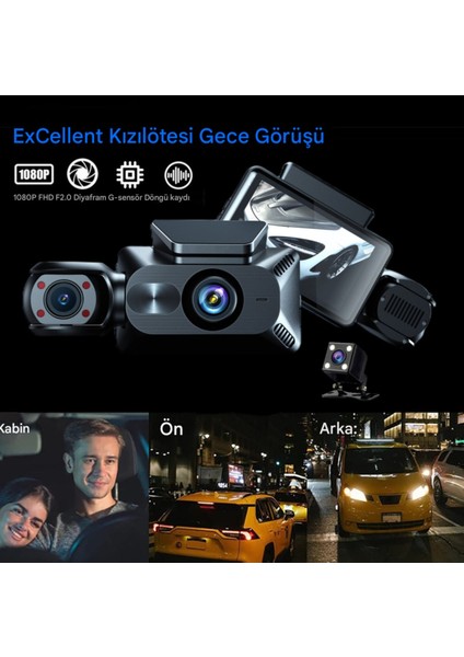 Araç Kamerası 3 Kanallı Dahili Wifi Ön ve Arka Iç Dash Kamera 1080P Üç Yönlü Kamera Ön + Iç + Kayıt DRY14