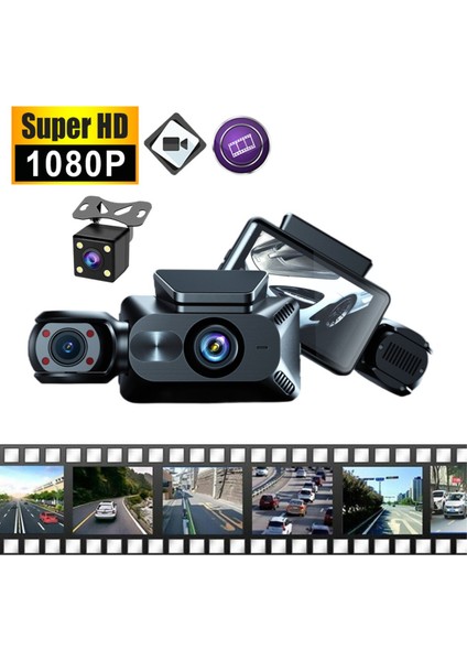 Araç Kamerası 3 Kanallı Dahili Wifi Ön ve Arka Iç Dash Kamera 1080P Üç Yönlü Kamera Ön + Iç + Kayıt DRY14 fiyatları