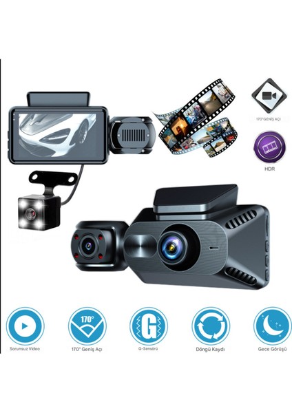 Araç Kamerası 3 Kanallı Dahili Wifi Ön ve Arka Iç Dash Kamera 1080P Üç Yönlü Kamera Ön + Iç + Kayıt DRY14 modelleri