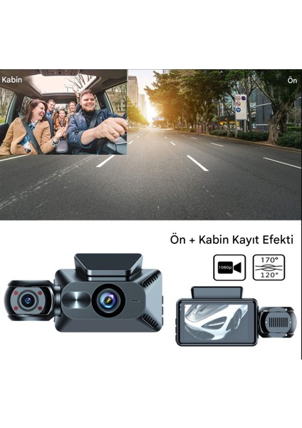 Araç Kamerası 3 Kanallı Dahili Wifi Ön ve Arka Iç Dash Kamera 1080P Üç Yönlü Kamera Ön + Iç + Kayıt DRY14
