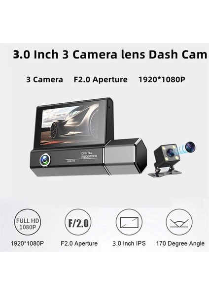 Araç Kamerası 3 Lens Video Hd 1080P 4 Inch Screen Hd Video Drv3