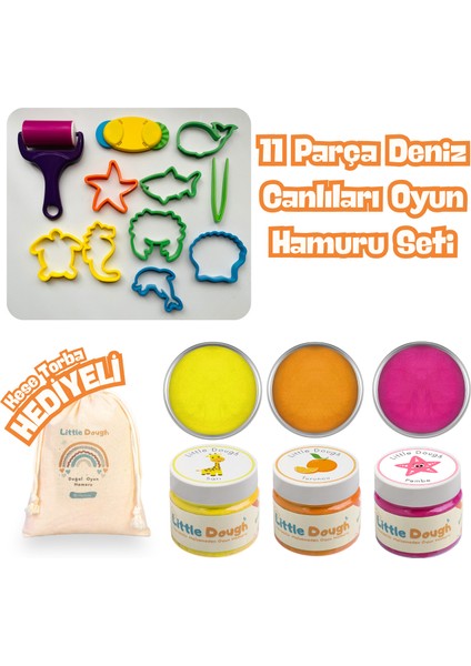 - 11 Parça Deniz Canlıları Oyun Hamur Seti - 3X150GR Doğal Oyun Hamuru - Sarı, Turuncu,pembe