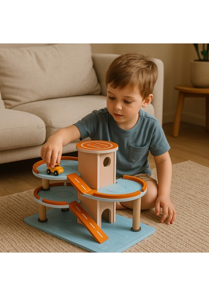 Ahşap Oyuncak Araba Garajı – 3 Katlı Otopark Seti, Kaydıraklı, Renkli Tasarım, Montessori Uyumlu fırsatları