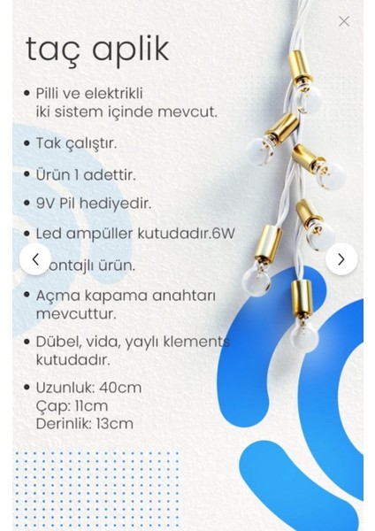 Taç Aplik , Pilli Aplik, Anahtarlı, Pilli Elektrikli Ledli Duvar Aplik fırsatları