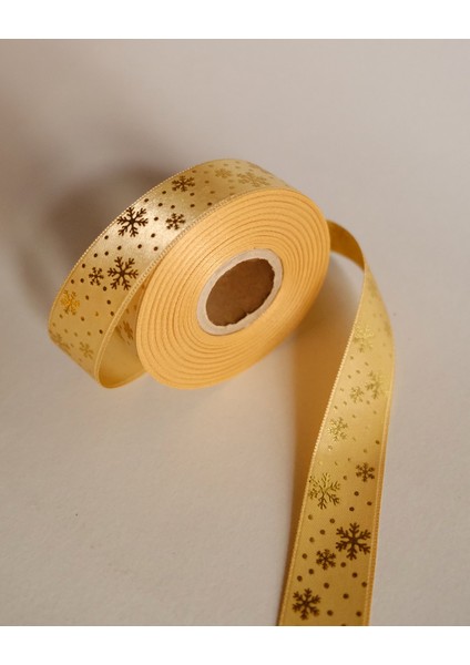Yılbaşı Temalı Saten Kurdele, Altın Varak Kar Desenli Hediye Paketleme Şeridi, Krem, 2.5cm x 20M