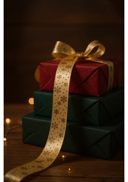 Yılbaşı Temalı Saten Kurdele, Altın Varak Kar Desenli Hediye Paketleme Şeridi, Krem, 2.5cm x 20M fırsatları