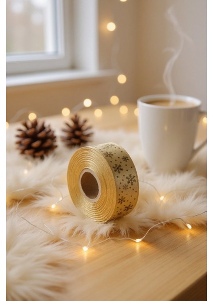Yılbaşı Temalı Saten Kurdele, Altın Varak Kar Desenli Hediye Paketleme Şeridi, Krem, 2.5cm x 20M indirimleri