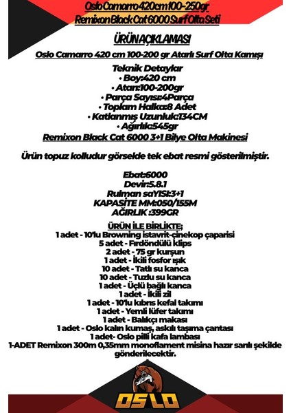 Camarro 420CM 100-250GR Remixon Black Cat 6000 Surf Olta Seti fiyatları
