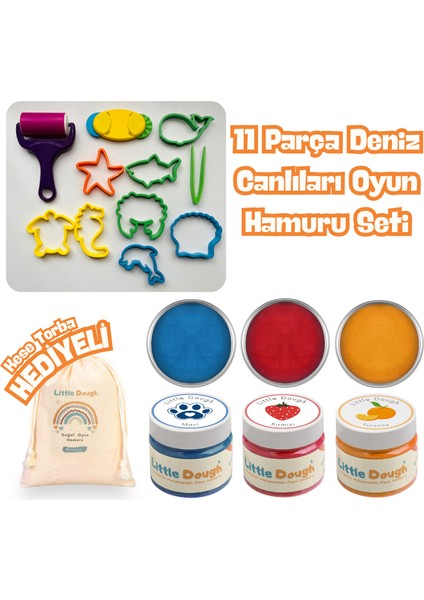 - 11 Parça Deniz Canlıları Oyun Hamur Seti - 3X150GR Doğal Oyun Hamuru - Mavi, Kırmızı,turuncu