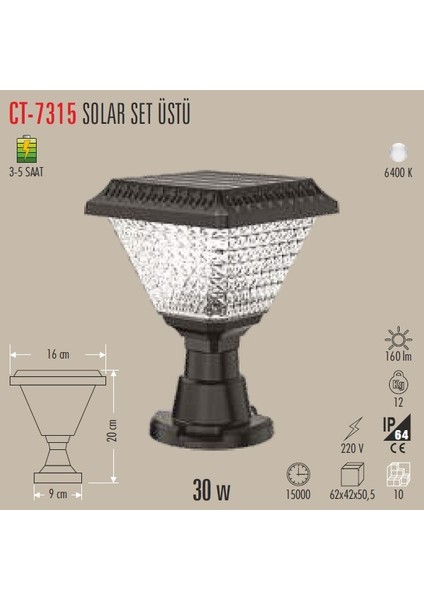 CT-7315 Solar Bahçe Set Üstü Armatür Aydınlatma Lamba Işık Beyaz 6500K 30W Dış Mekan Açık Alan Güneş Enerjili indirimleri