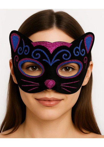 Depomix Siyah Kadife Kaplama Üzeri Pembe Mavi Sim Işlemeli Kedi Maskesi 20X13 cm
