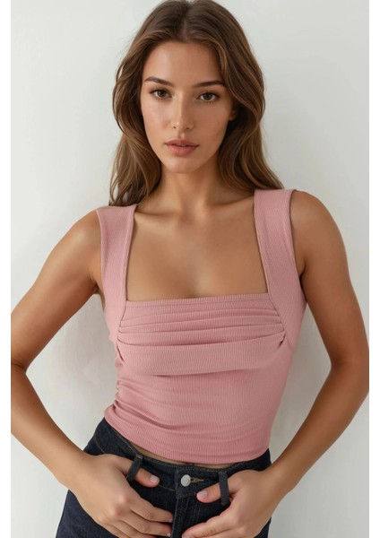 Kadın Drape Kare Yaka Bluz Tozlu Gül Pembesi