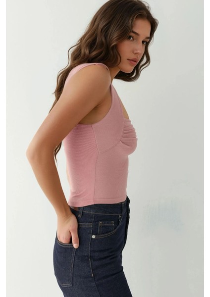 Kadın Drape Kare Yaka Bluz Tozlu Gül Pembesi