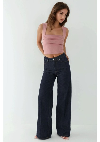 Kadın Drape Kare Yaka Bluz Tozlu Gül Pembesi