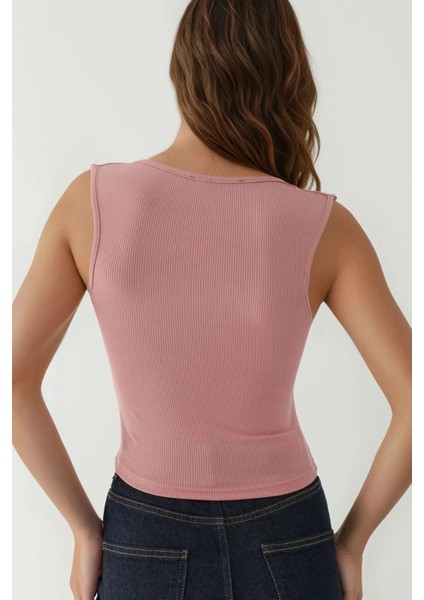 Kadın Drape Kare Yaka Bluz Tozlu Gül Pembesi