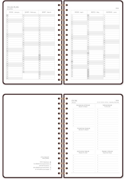 2026 A5 Spiralli Haftalık Ajanda 12 Aylık - Kahverengi