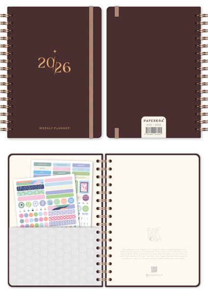 2026 A5 Spiralli Haftalık Ajanda 12 Aylık - Kahverengi