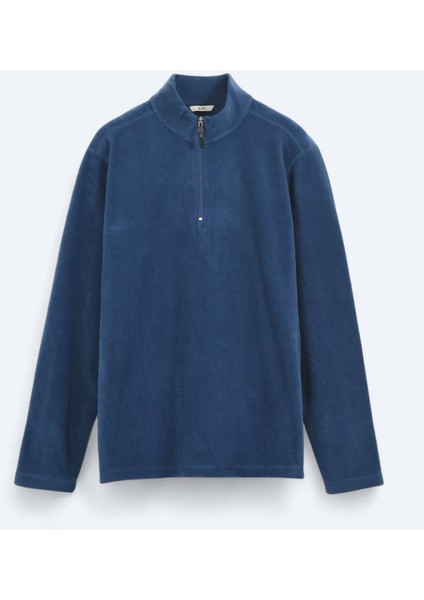 Indigo Dik Yaka Düz Sweatshırt