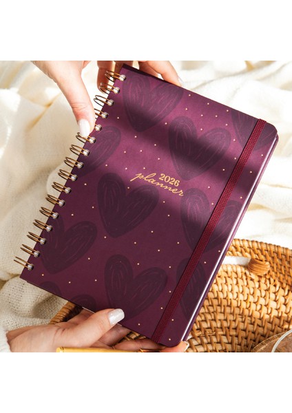 2026 A5 Spiralli Haftalık Ajanda 12 Aylık - Bordo Kalp