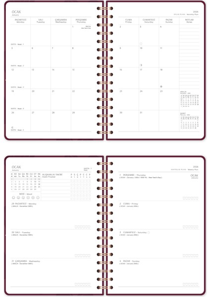 2026 A5 Spiralli Haftalık Ajanda 12 Aylık - Bordo Kalp indirimleri