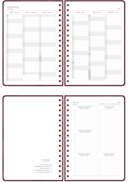 2026 A5 Spiralli Haftalık Ajanda 12 Aylık - Bordo Kalp