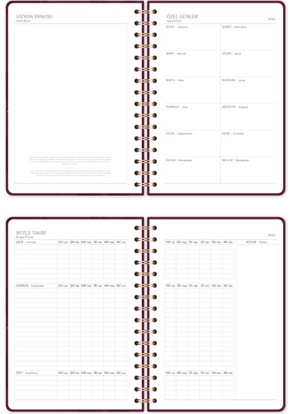 2026 A5 Spiralli Haftalık Ajanda 12 Aylık - Bordo Kalp