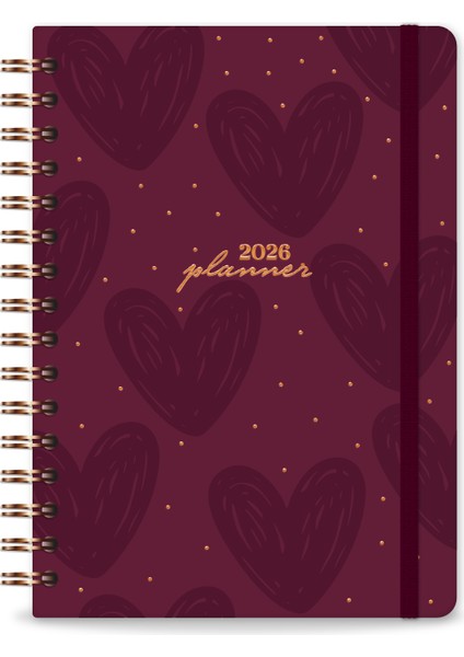 2026 A5 Spiralli Haftalık Ajanda 12 Aylık - Bordo Kalp