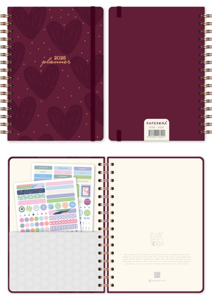 2026 A5 Spiralli Haftalık Ajanda 12 Aylık - Bordo Kalp